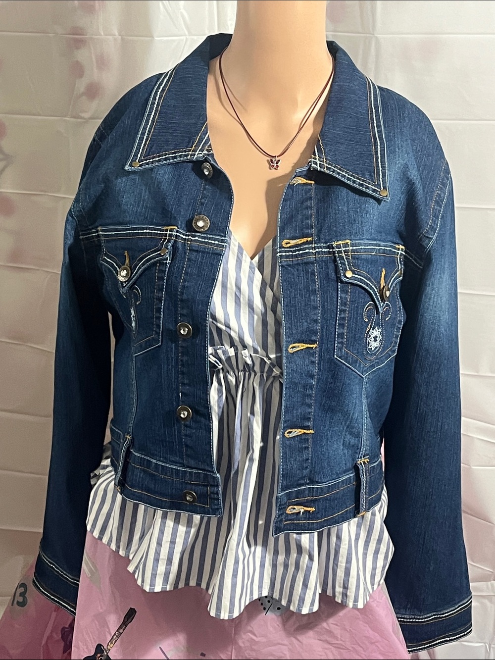 Indulgence Dark Blue Denim Jacket with Gold-Tone Logo Button - Picture 8 of 15